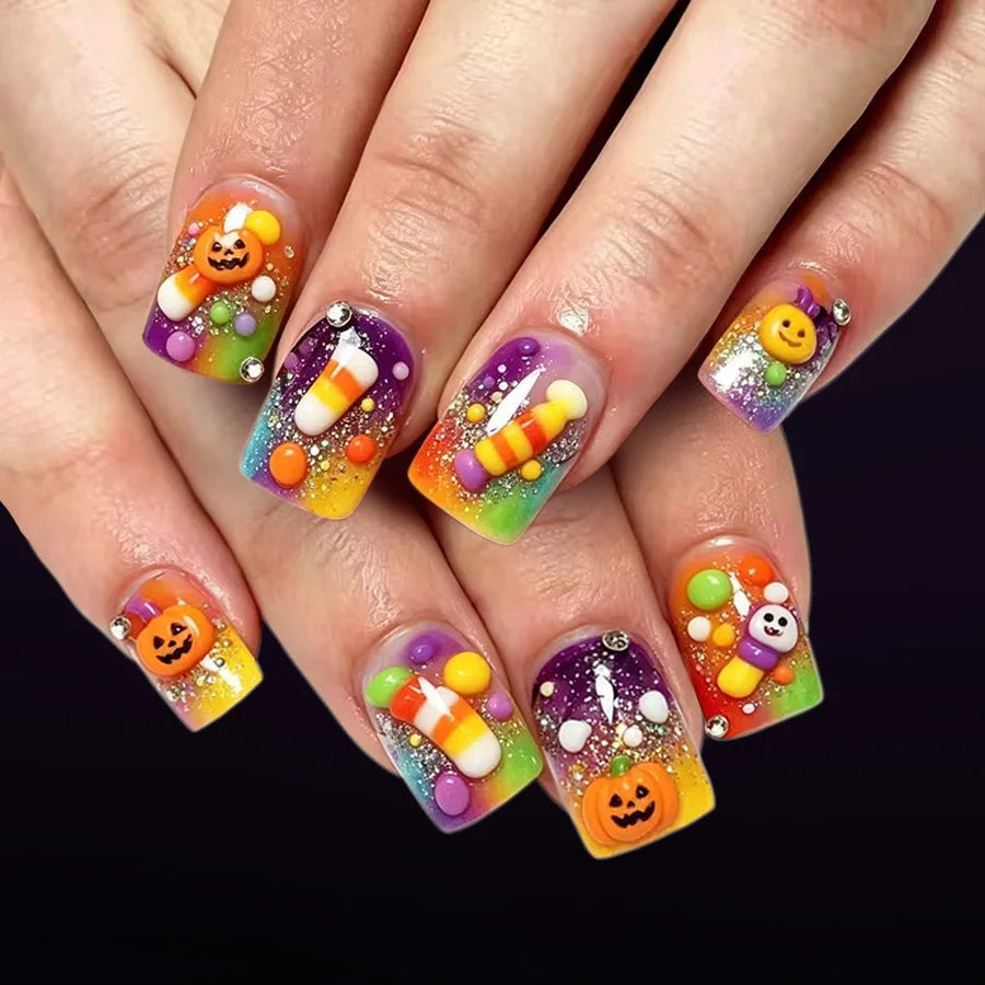 Sophie | Women's Halloween French Square Press On Nails with 3D Design
