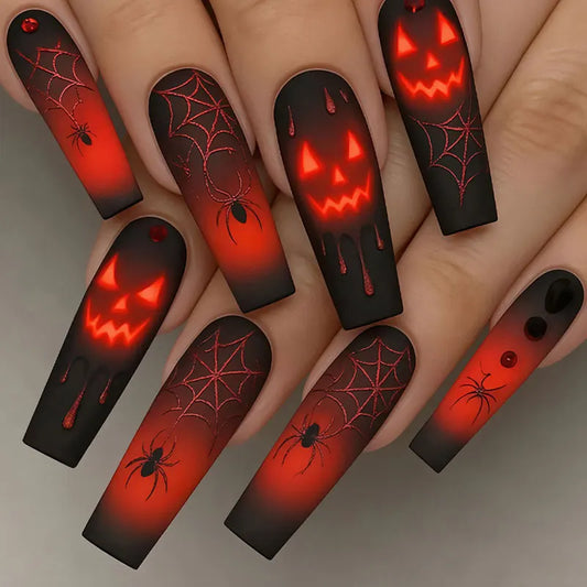 Sarah | Women's Halloween Press On Nails with Ghost Pumpkin and Spider Design