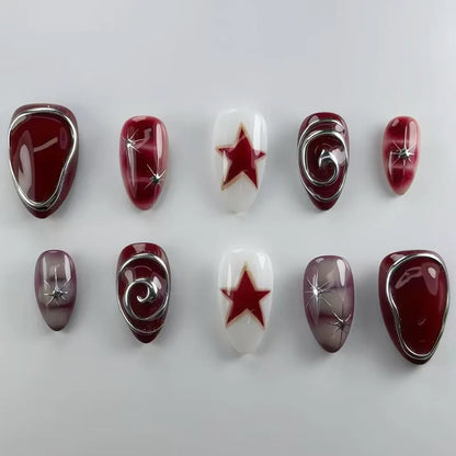 Kerry | Women's French Cat Eye Almond Press On Halloween Nails with 3D Wavy Design