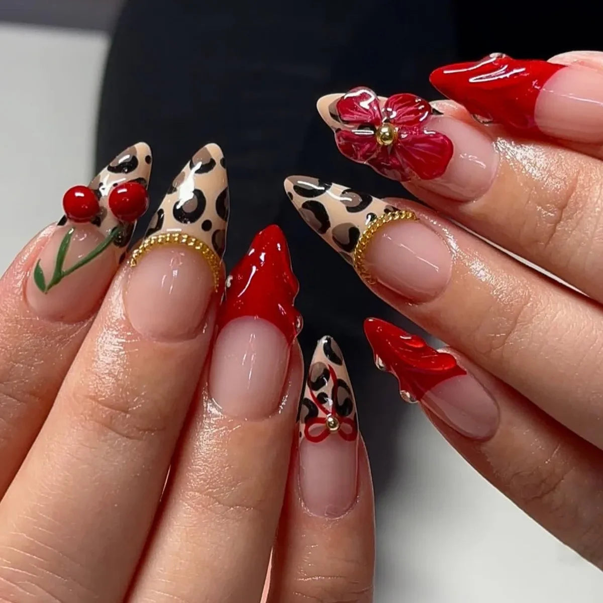 Katie | Women's Black Glitter Almond Press On Halloween Nails with 3D Metallic Design