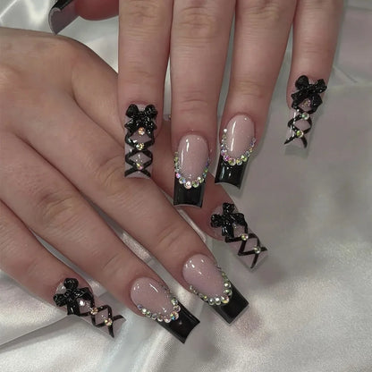 Deborah | Women's Black Halloween Bat Almond Press On Nails with 3D Rivet and Bow Details