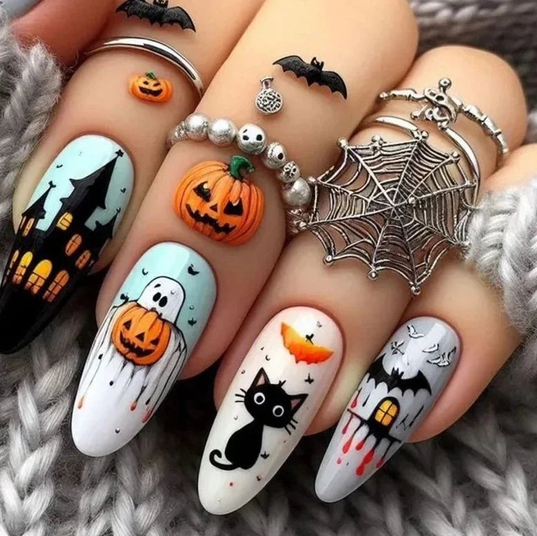 Patricia | Women's Halloween Ghost Witch Pumpkin Almond Press On Nails