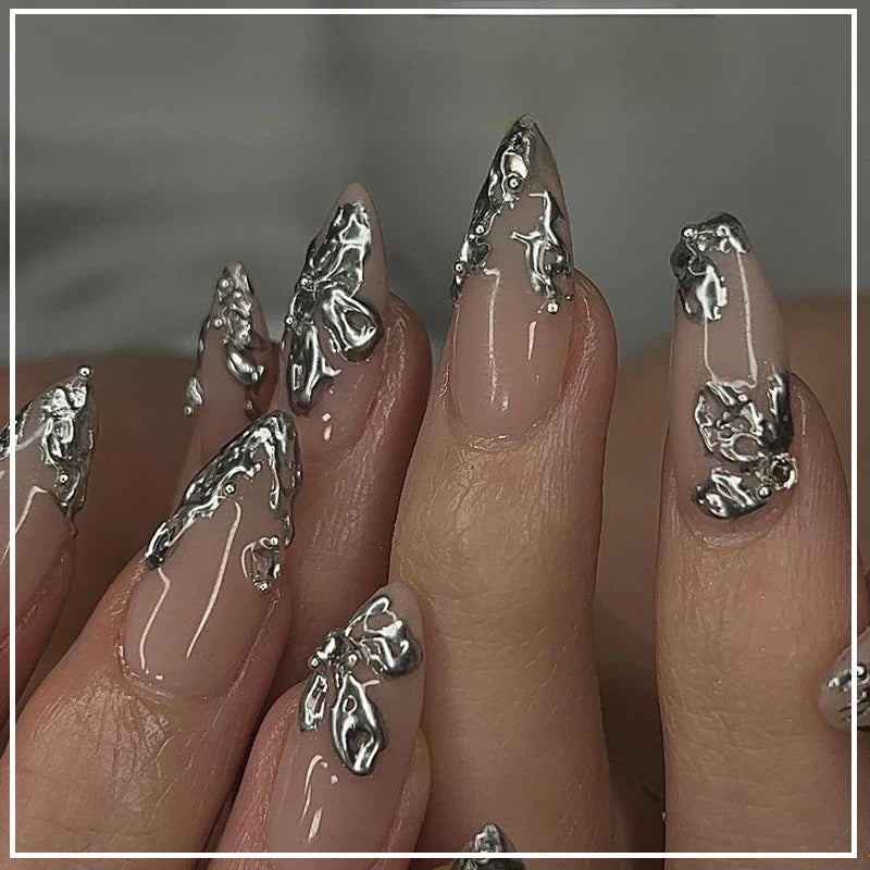 Katie | Women's Black Glitter Almond Press On Halloween Nails with 3D Metallic Design