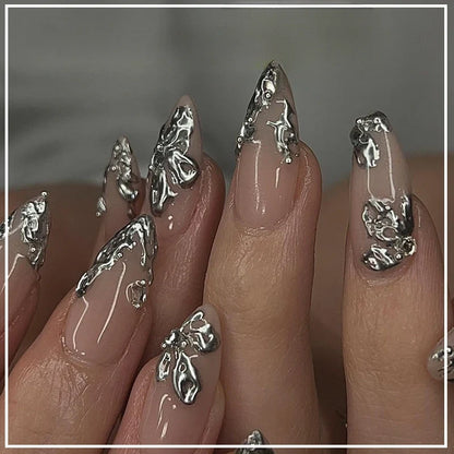 Katie | Women's Black Glitter Almond Press On Halloween Nails with 3D Metallic Design