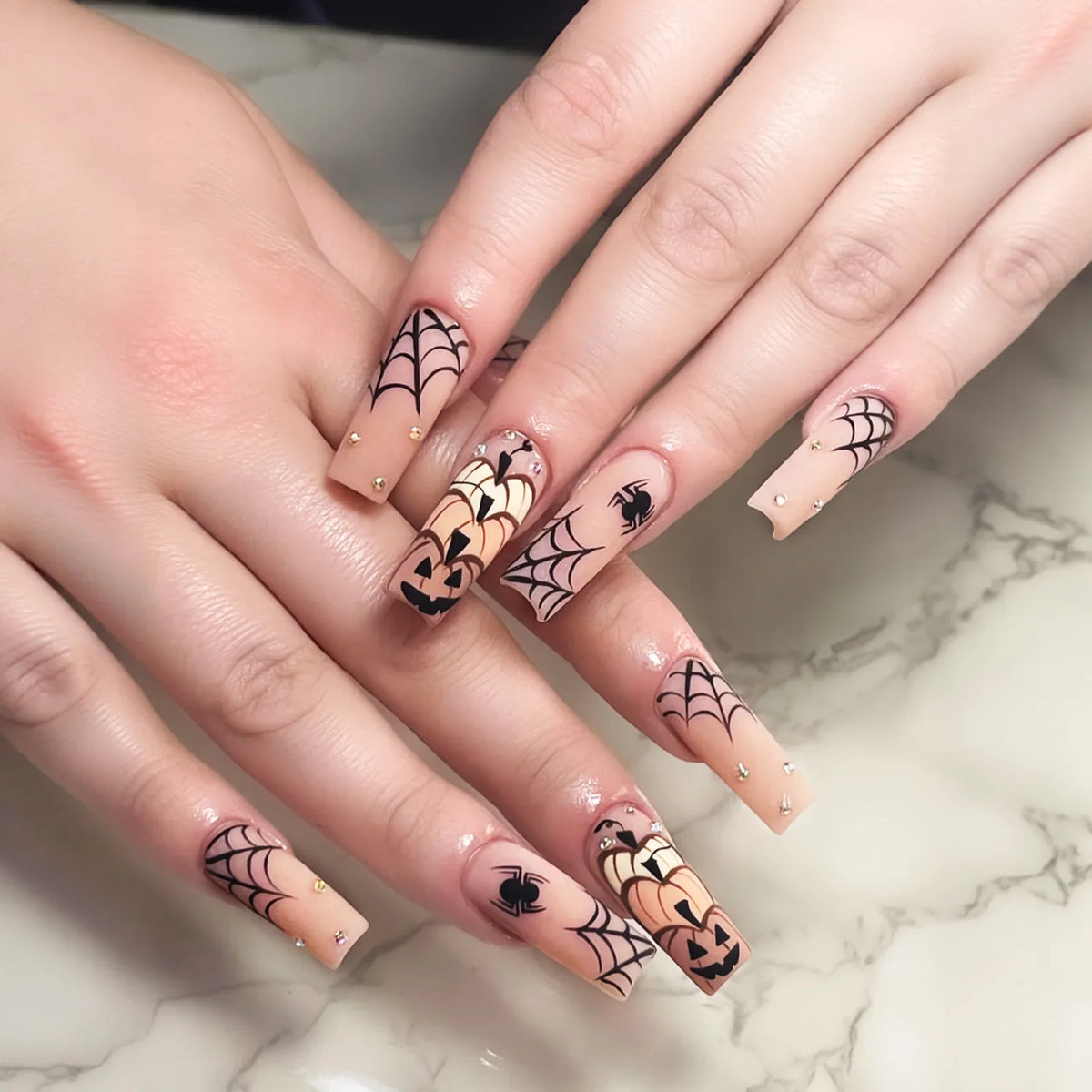 Fiona | Women's Pink Glitter Skull Press On Halloween Nails with Sequin Design