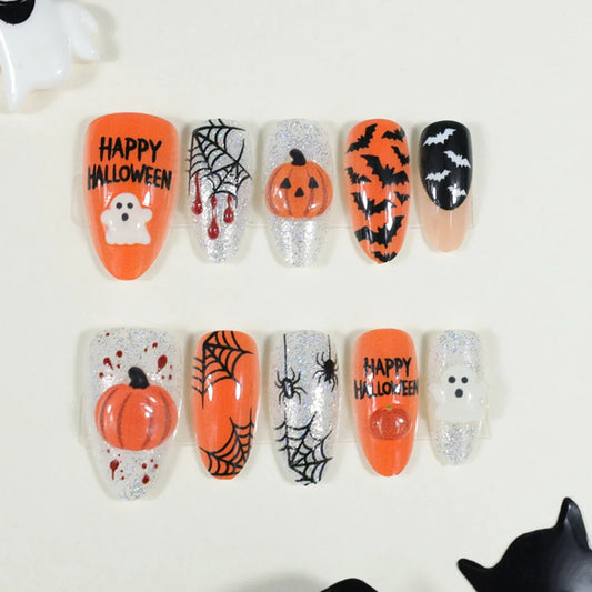 Phoebe | Women's Halloween Ghost Pumpkin Bat Almond Press On Nails