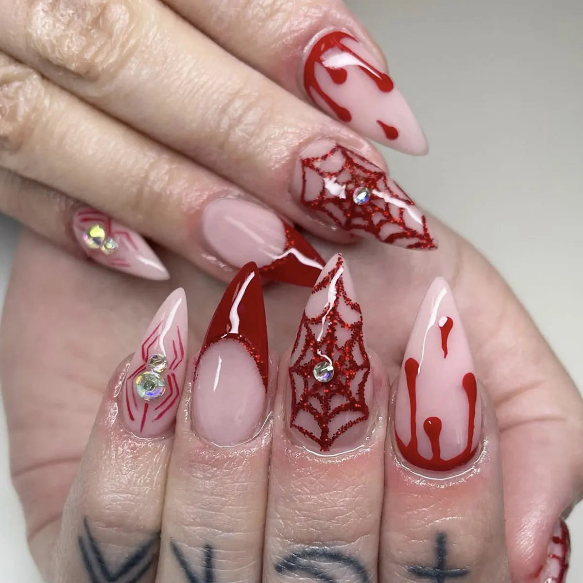Natasha | Women's Silver Spider Almond Press On Halloween Nails with Gothic Design