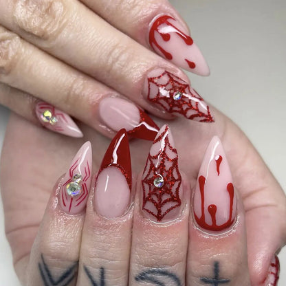 Natasha | Women's Silver Spider Almond Press On Halloween Nails with Gothic Design