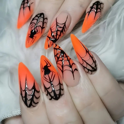Natasha | Women's Silver Spider Almond Press On Halloween Nails with Gothic Design