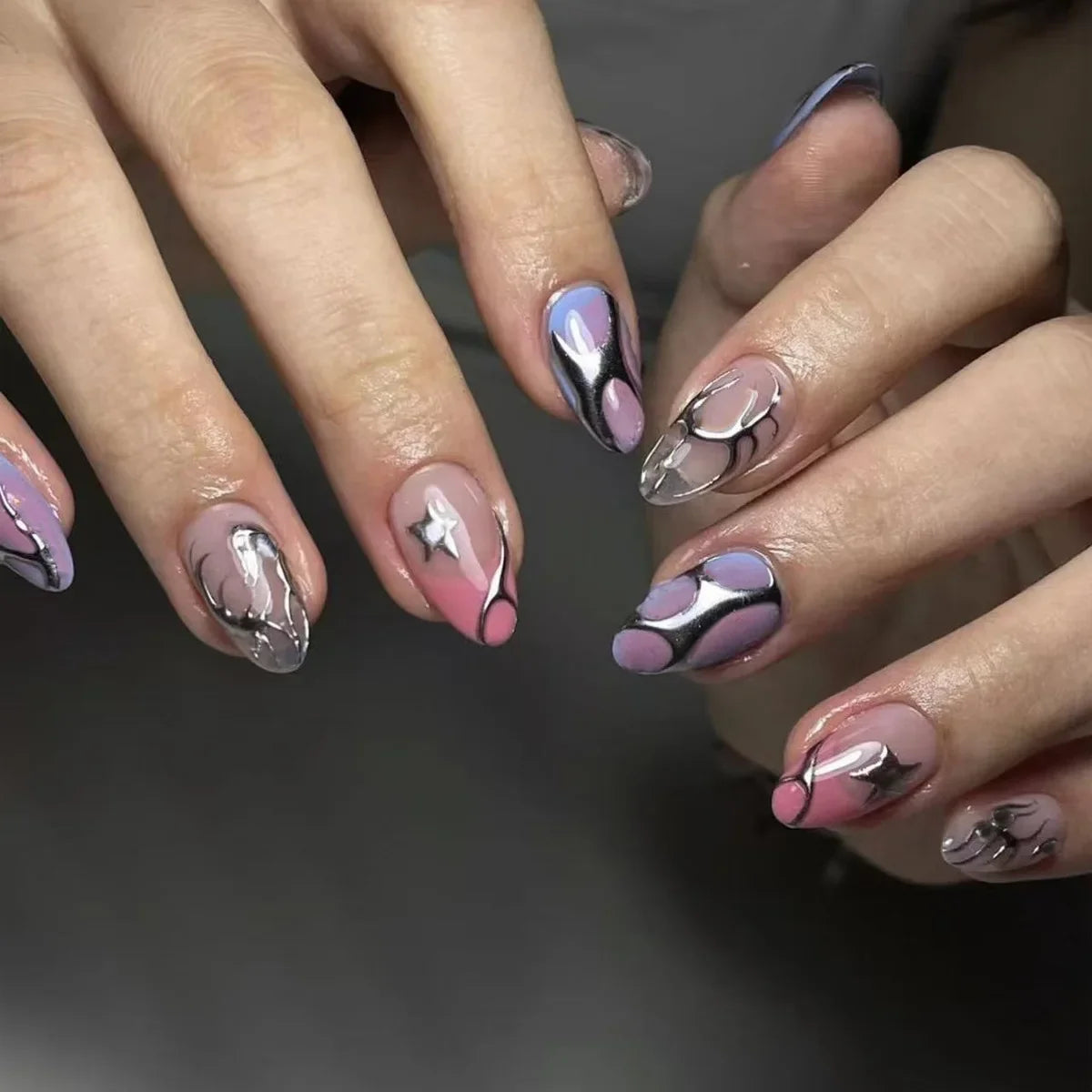 Katie | Women's Black Glitter Almond Press On Halloween Nails with 3D Metallic Design