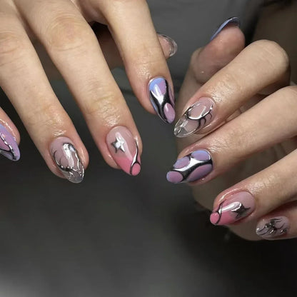 Katie | Women's Black Glitter Almond Press On Halloween Nails with 3D Metallic Design