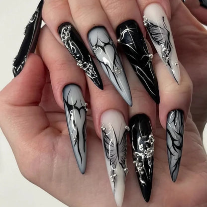 Katie | Women's Black Glitter Almond Press On Halloween Nails with 3D Metallic Design
