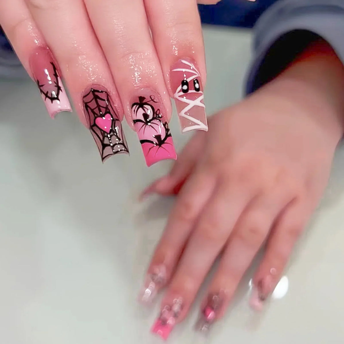 Fiona | Women's Pink Glitter Skull Press On Halloween Nails with Sequin Design