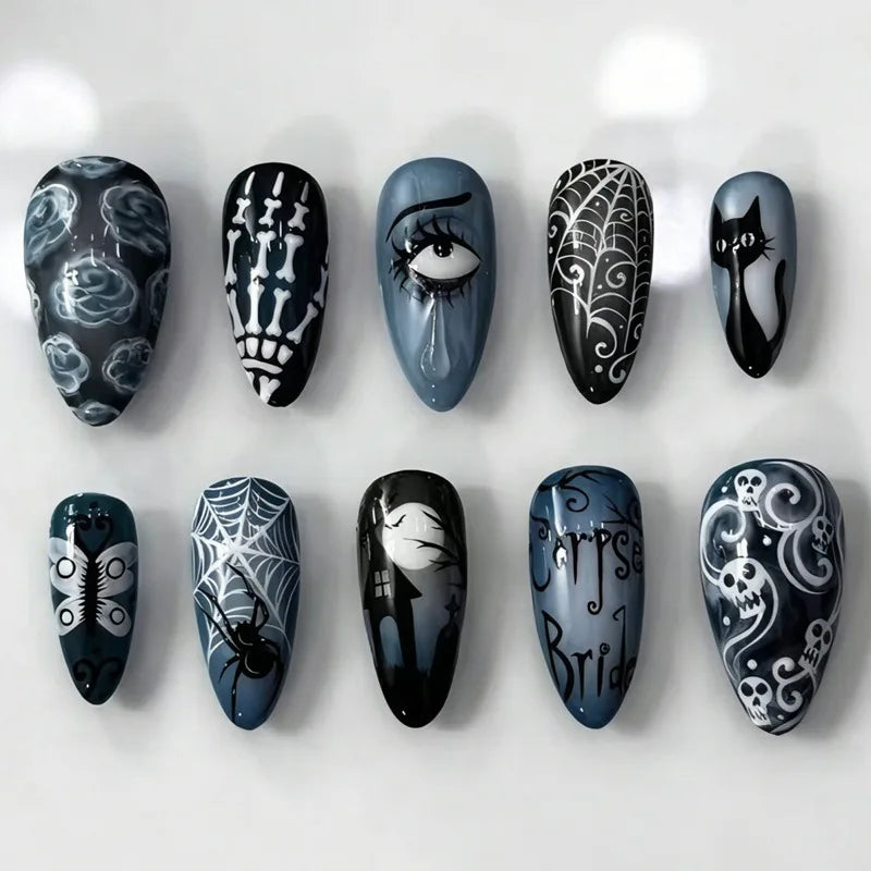 Natasha | Women's Silver Spider Almond Press On Halloween Nails with Gothic Design