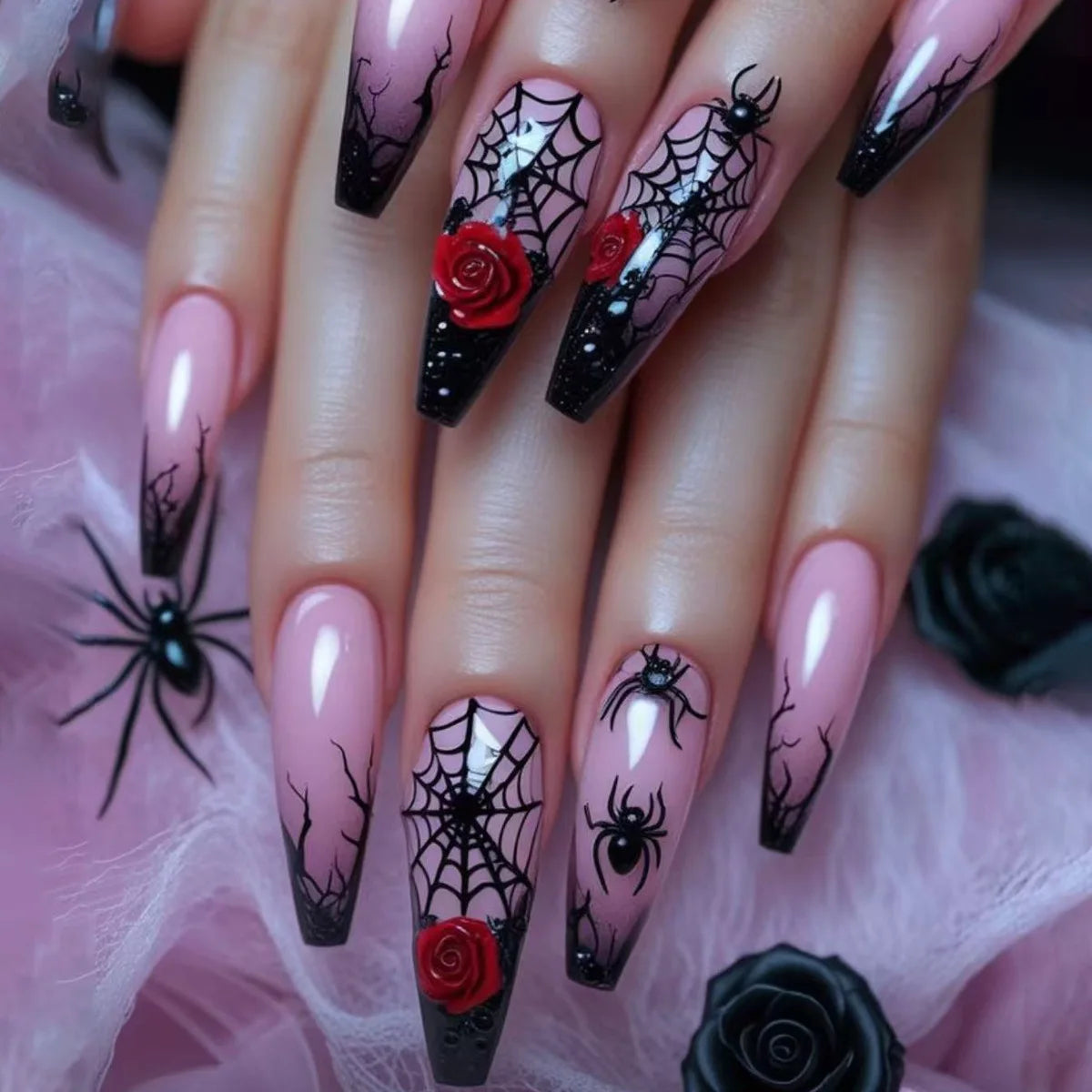 Natasha | Women's Silver Spider Almond Press On Halloween Nails with Gothic Design