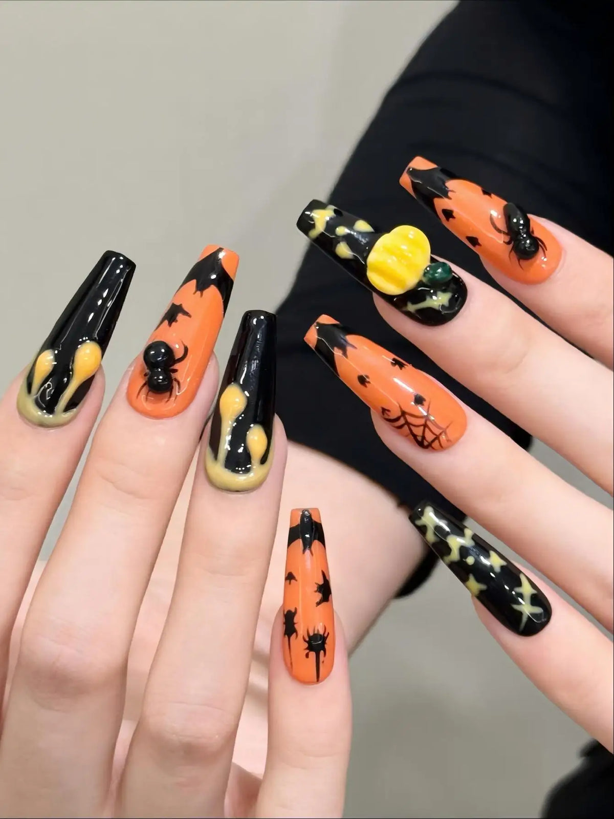 Emily | Women's Dark Green Halloween Spider Pumpkin Press On Nails
