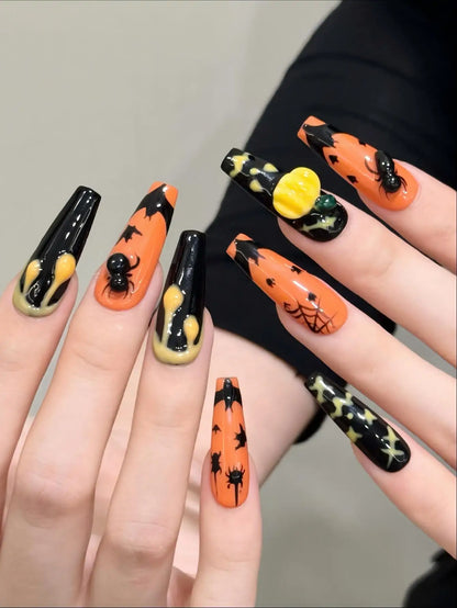 Emily | Women's Dark Green Halloween Spider Pumpkin Press On Nails