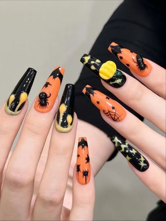 Emily | Women's Dark Green Halloween Spider Pumpkin Press On Nails