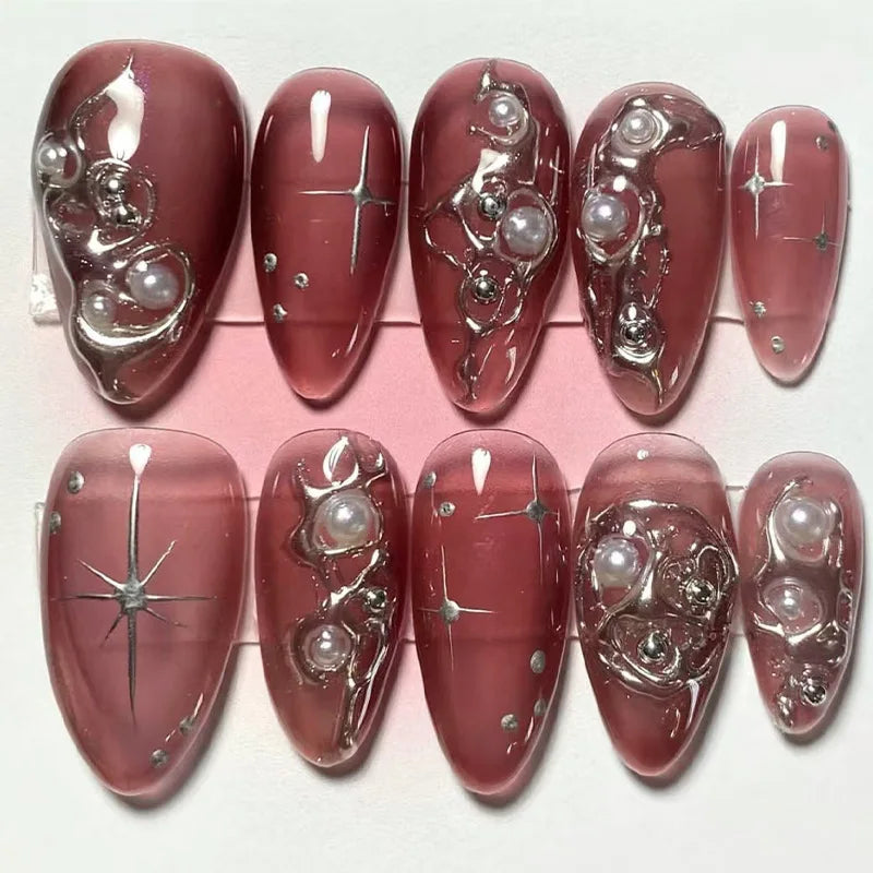 Katie | Women's Black Glitter Almond Press On Halloween Nails with 3D Metallic Design