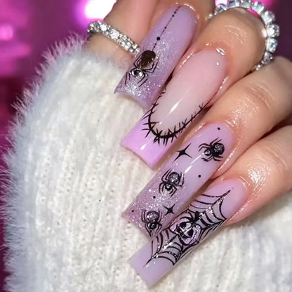Fiona | Women's Pink Glitter Skull Press On Halloween Nails with Sequin Design