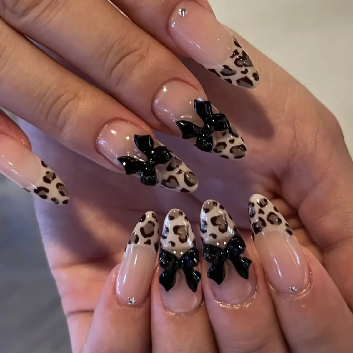 Katie | Women's Black Glitter Almond Press On Halloween Nails with 3D Metallic Design
