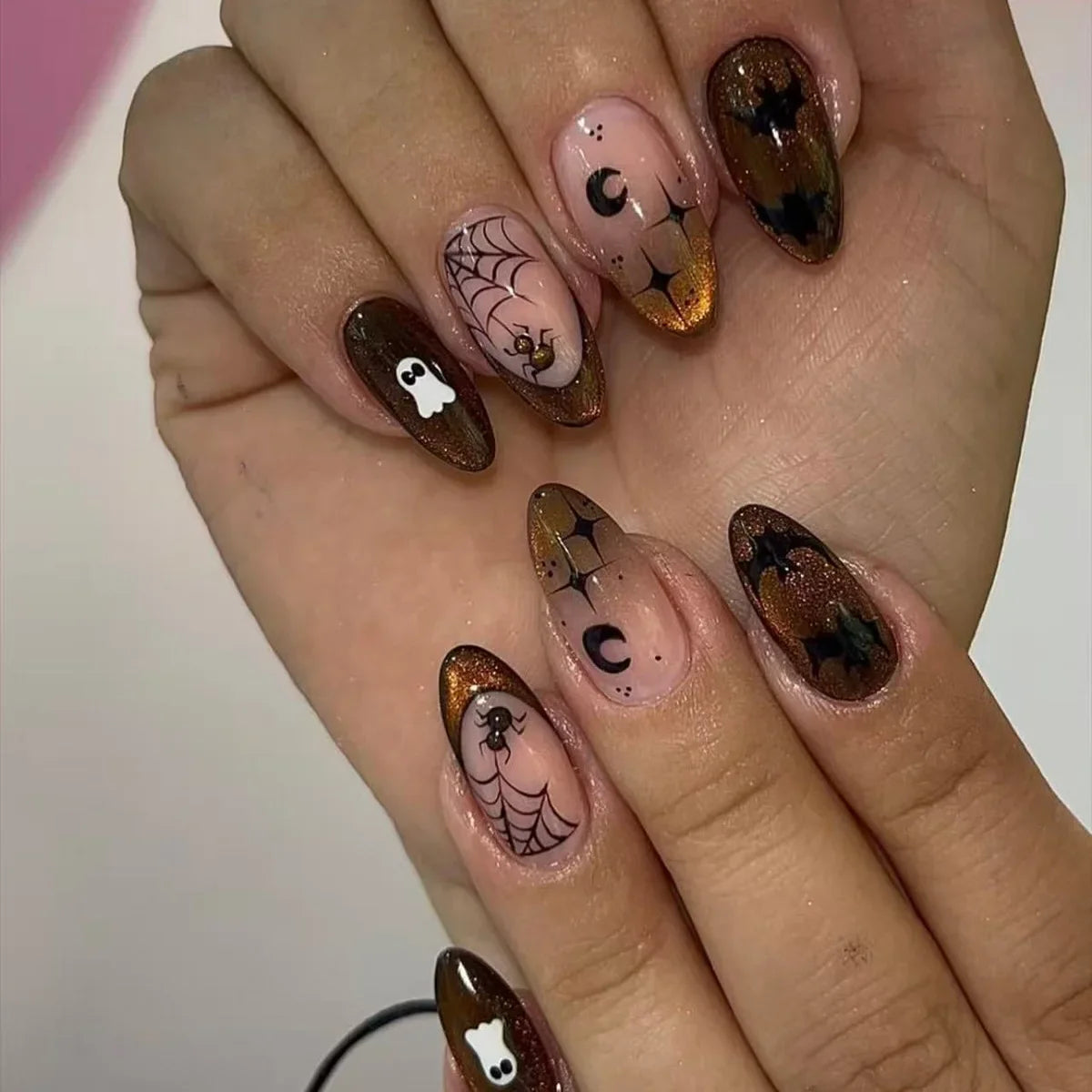 Katie | Women's Black Glitter Almond Press On Halloween Nails with 3D Metallic Design