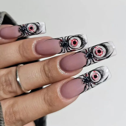 Natasha | Women's Silver Spider Almond Press On Halloween Nails with Gothic Design