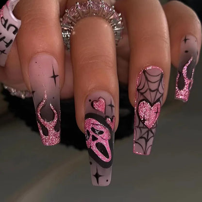 Fiona | Women's Pink Glitter Skull Press On Halloween Nails with Sequin Design