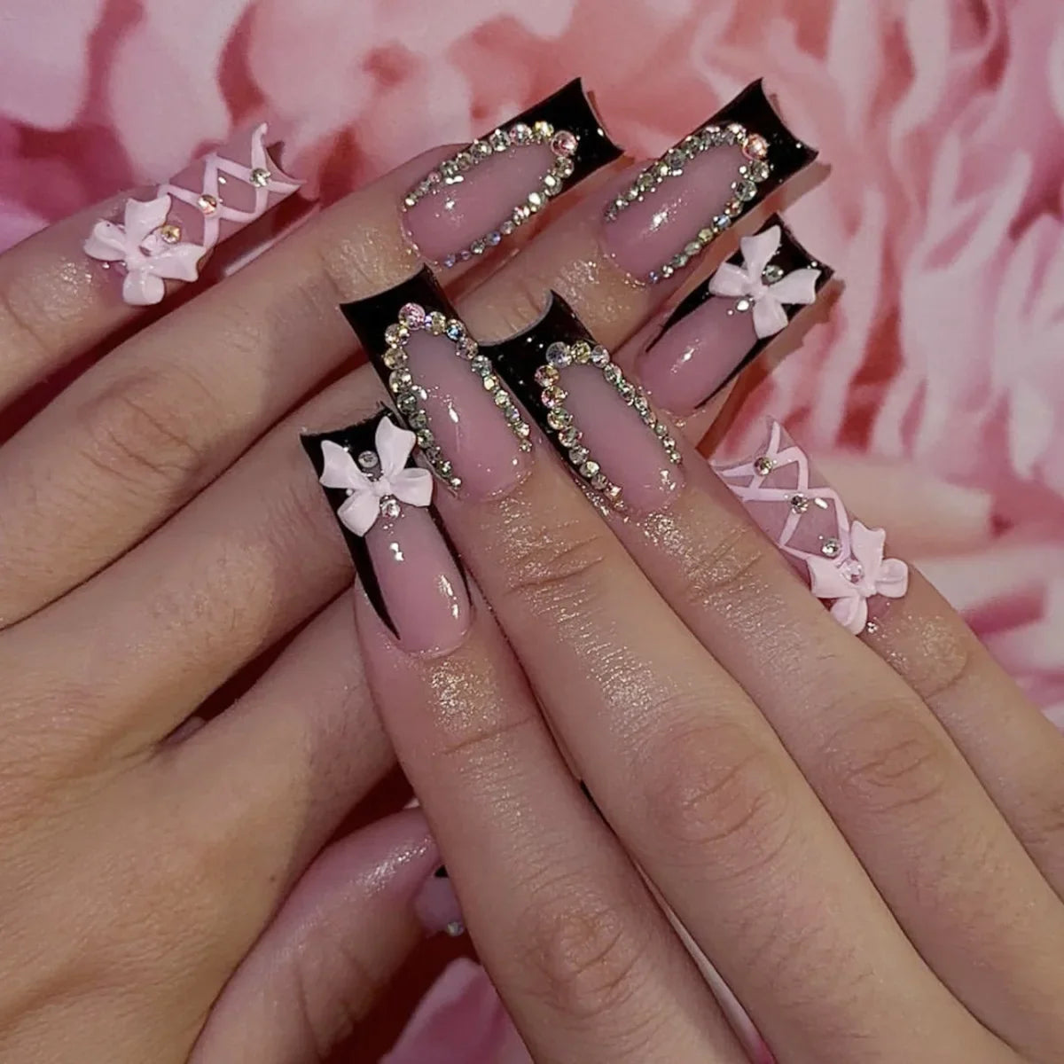 Deborah | Women's Black Halloween Bat Almond Press On Nails with 3D Rivet and Bow Details