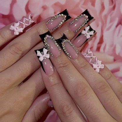 Deborah | Women's Black Halloween Bat Almond Press On Nails with 3D Rivet and Bow Details