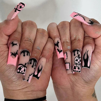 Fiona | Women's Pink Glitter Skull Press On Halloween Nails with Sequin Design