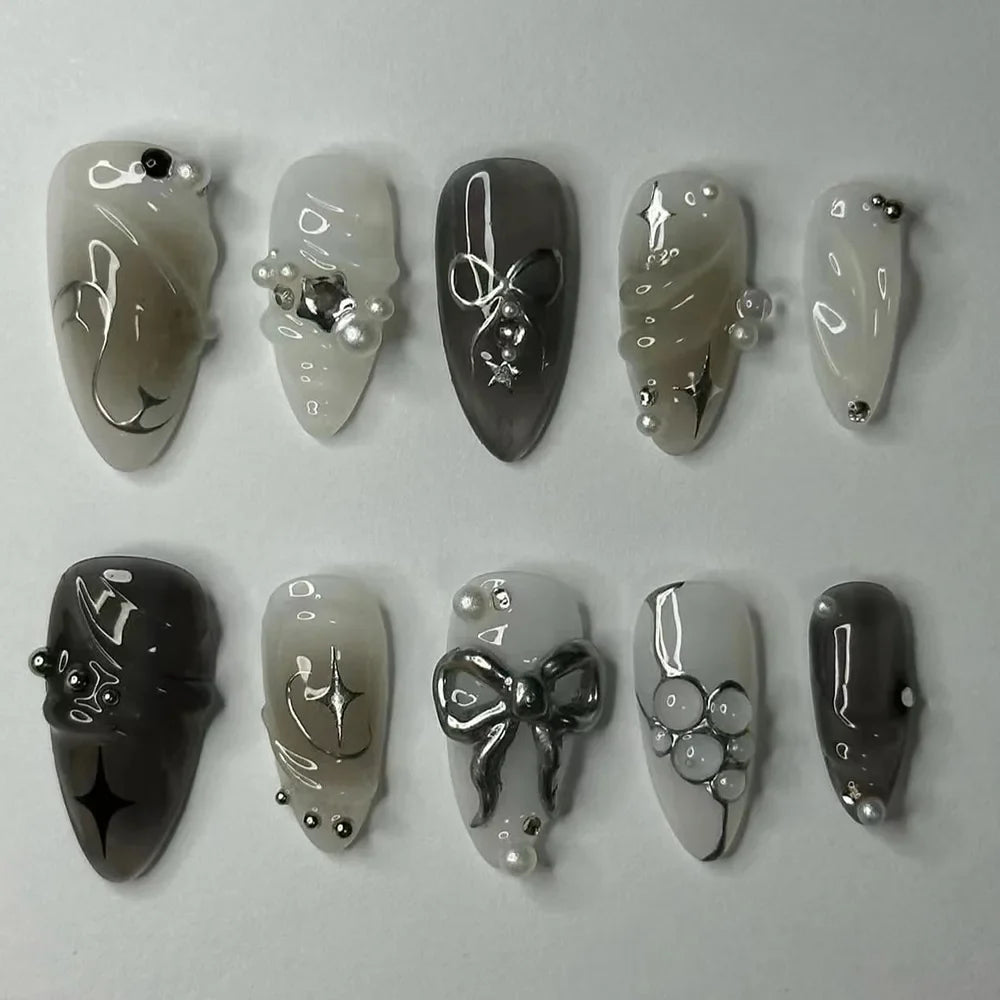 Katie | Women's Black Glitter Almond Press On Halloween Nails with 3D Metallic Design