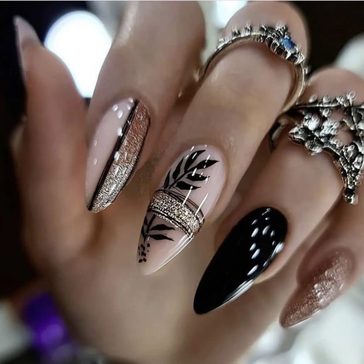 Katie | Women's Black Glitter Almond Press On Halloween Nails with 3D Metallic Design