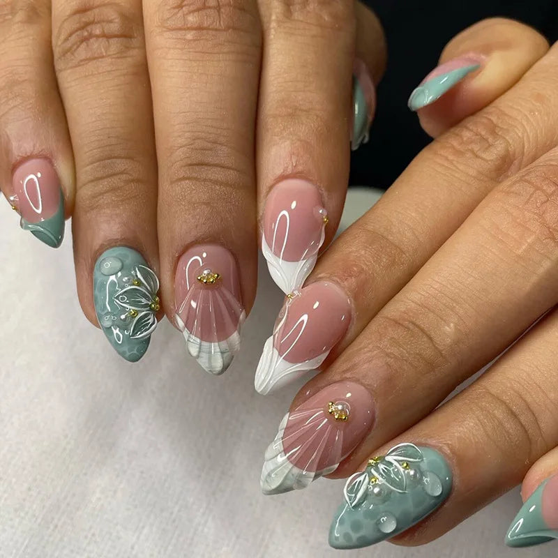 Kerry | Women's French Cat Eye Almond Press On Halloween Nails with 3D Wavy Design