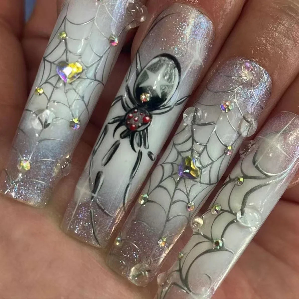 Natasha | Women's Silver Spider Almond Press On Halloween Nails with Gothic Design