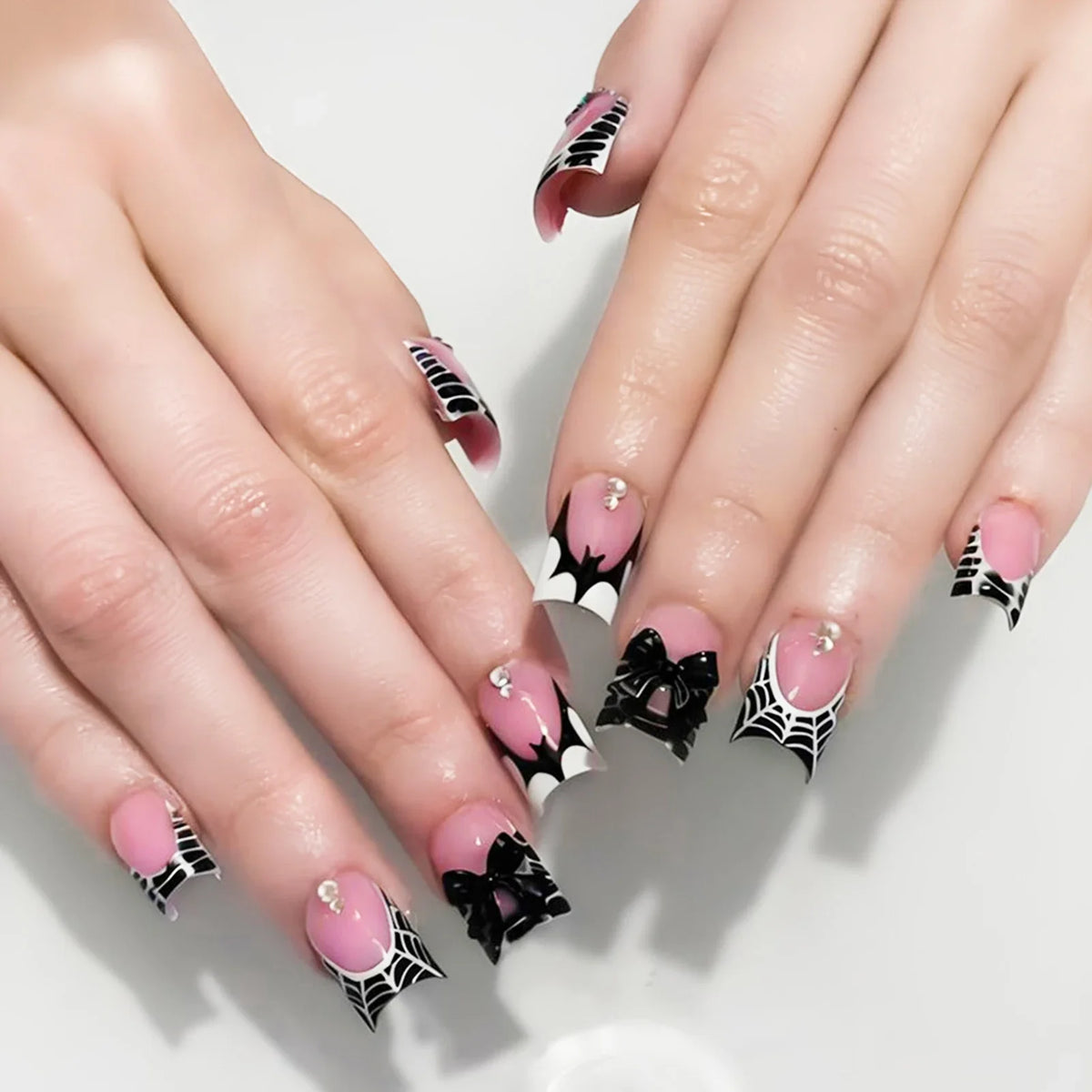Fiona | Women's Pink Glitter Skull Press On Halloween Nails with Sequin Design