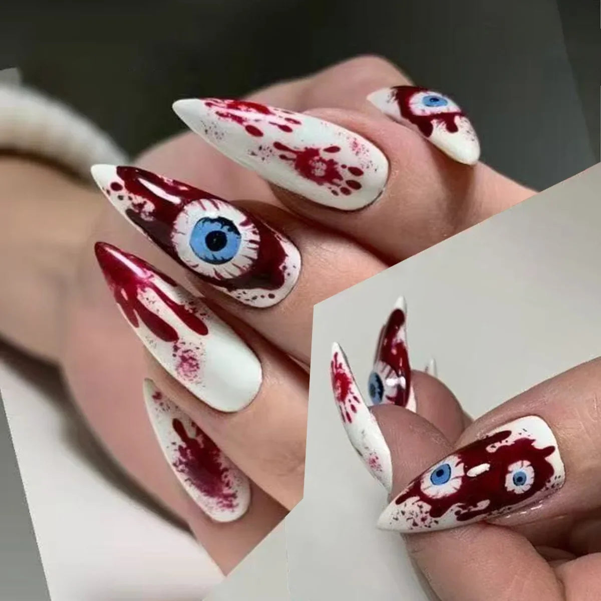 Natasha | Women's Silver Spider Almond Press On Halloween Nails with Gothic Design