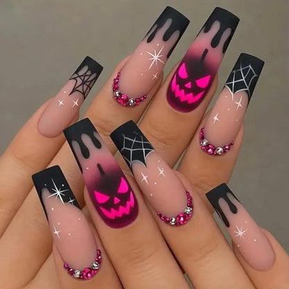 Fiona | Women's Pink Glitter Skull Press On Halloween Nails with Sequin Design