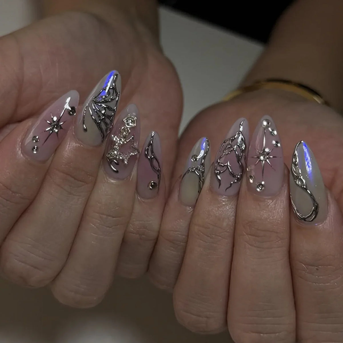 Katie | Women's Black Glitter Almond Press On Halloween Nails with 3D Metallic Design