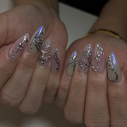 Katie | Women's Black Glitter Almond Press On Halloween Nails with 3D Metallic Design