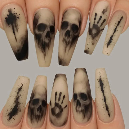 Charlotte | Women's Black Skeleton Coffin Press On Halloween Nails with Matte Finish
