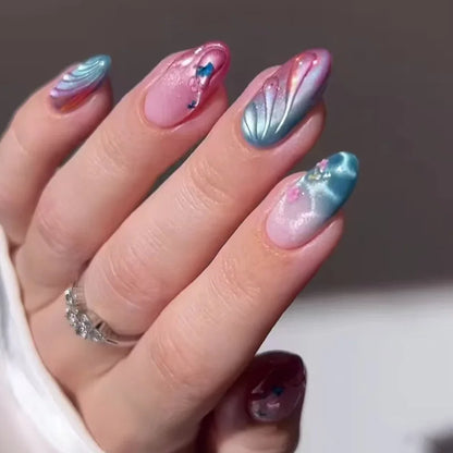 Kerry | Women's French Cat Eye Almond Press On Halloween Nails with 3D Wavy Design