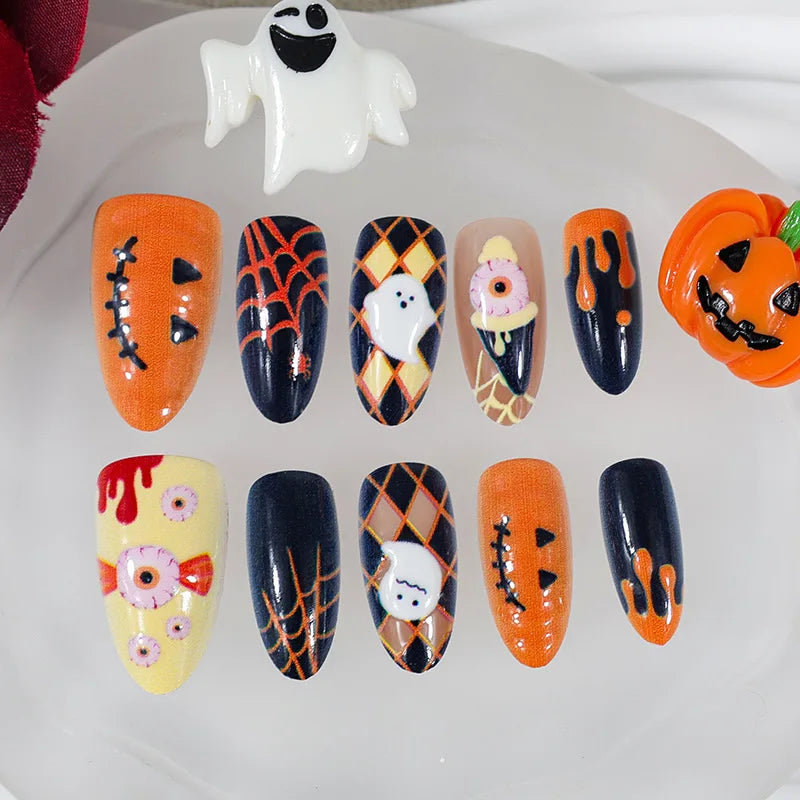 Natasha | Women's Silver Spider Almond Press On Halloween Nails with Gothic Design