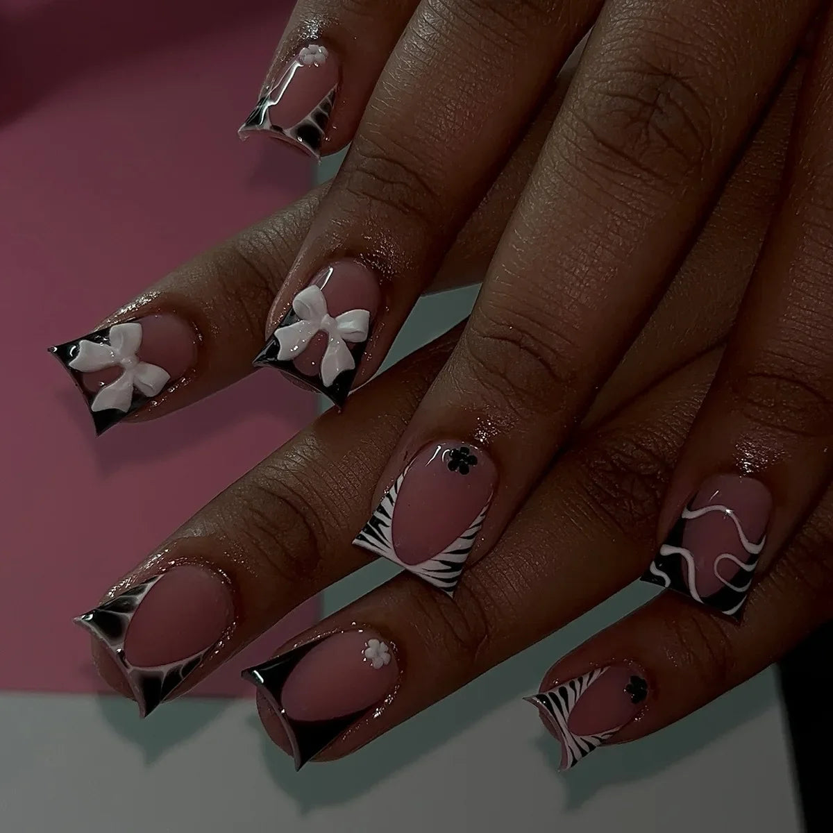 Deborah | Women's Black Halloween Bat Almond Press On Nails with 3D Rivet and Bow Details