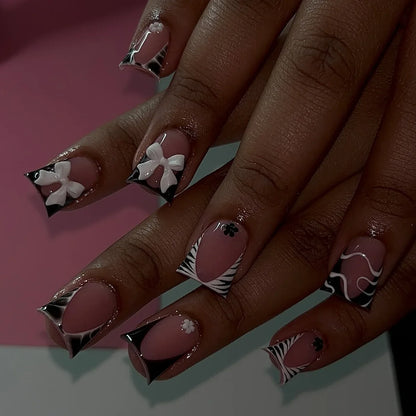 Deborah | Women's Black Halloween Bat Almond Press On Nails with 3D Rivet and Bow Details