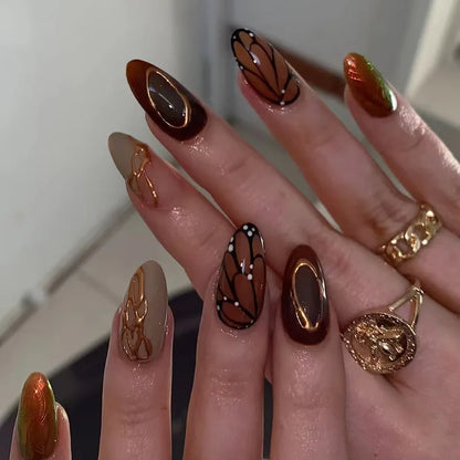 Katie | Women's Black Glitter Almond Press On Halloween Nails with 3D Metallic Design