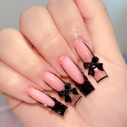 Deborah | Women's Black Halloween Bat Almond Press On Nails with 3D Rivet and Bow Details