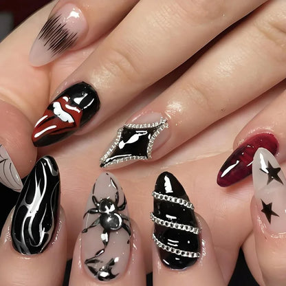 Natasha | Women's Silver Spider Almond Press On Halloween Nails with Gothic Design