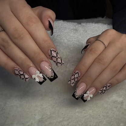 Deborah | Women's Black Halloween Bat Almond Press On Nails with 3D Rivet and Bow Details