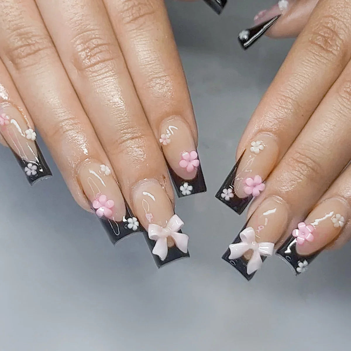 Deborah | Women's Black Halloween Bat Almond Press On Nails with 3D Rivet and Bow Details